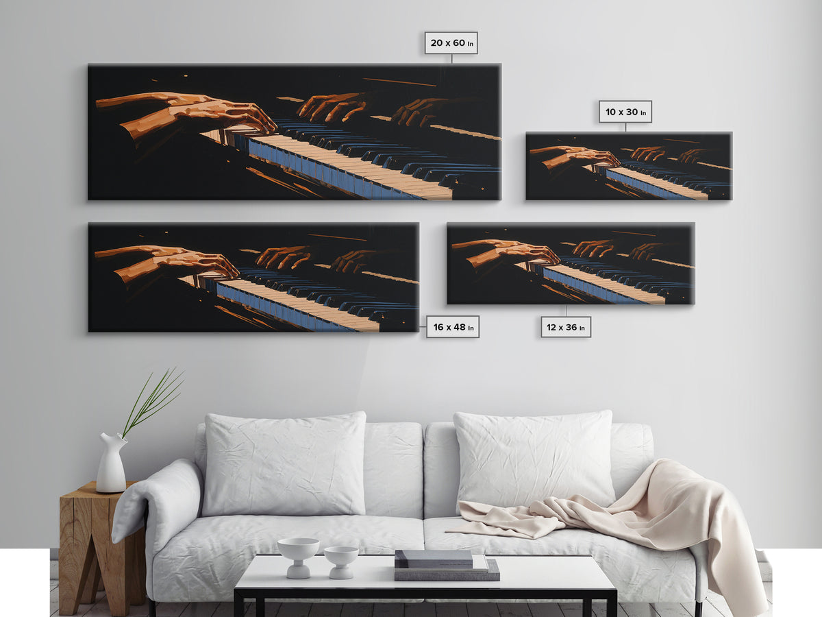 Piano Keys with Hands in Cinematic Shadow Canvas Print, Music Studio Art, Watercolor Print, Studio Decor, Fine Art, Rhythm, MSA-3x1-21