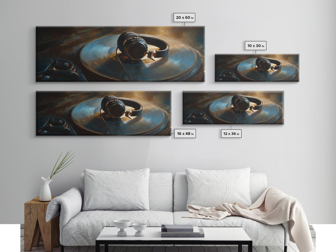 Headphones Around a Glowing Record Canvas Print, Music Studio Art, Gallery Decor, Studio Decor, Fine Art, Rhythm, MSA-3x1-3
