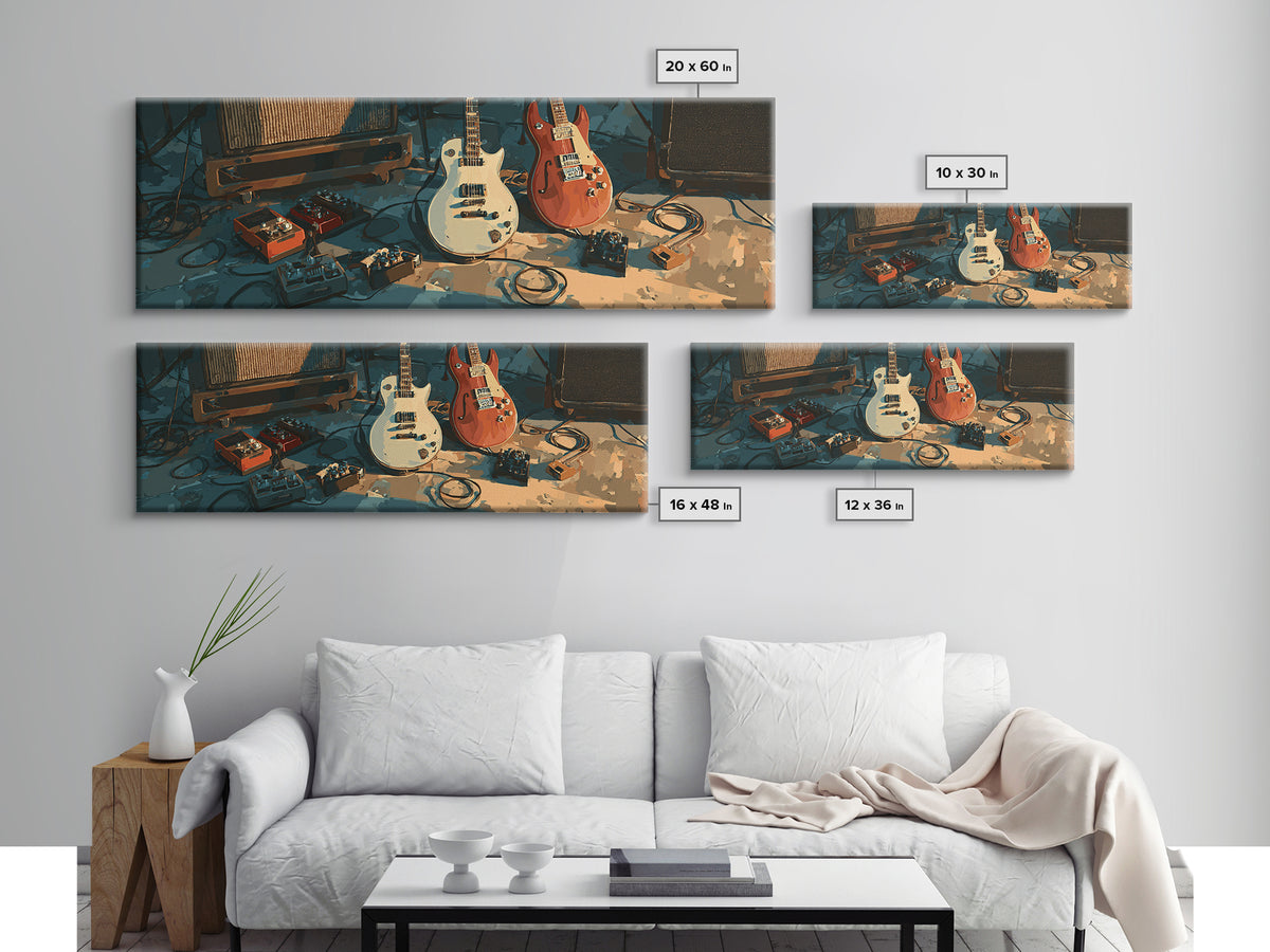 Electric Guitar Pedals and Cables Graphic Art Canvas Print, Music Studio Art, Painting from Photo, Studio Decor, Rhythm, MSA-3x1-37