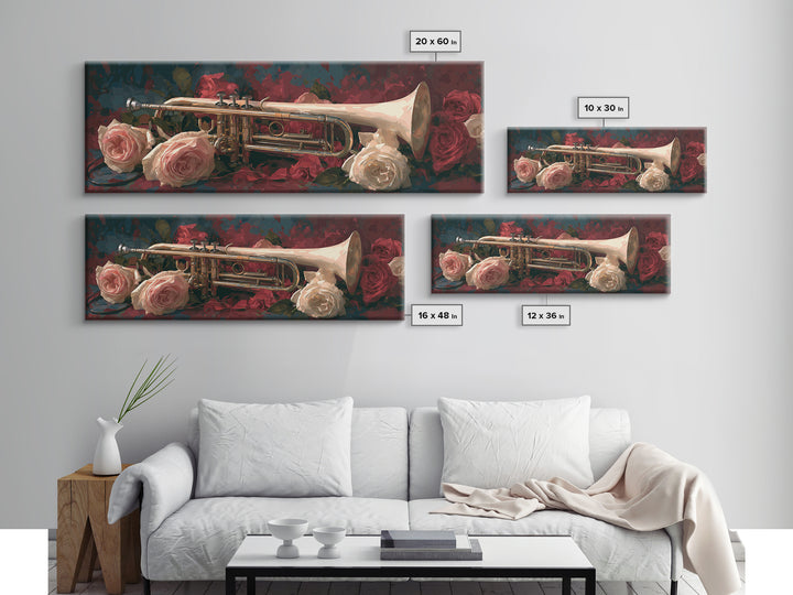 Trumpet and Roses Canvas Print, Music Studio Art, Art Print, Studio Decor, Fine Art, Rhythm, Digital Wall Art, Printable Art, MSA-3x1-48