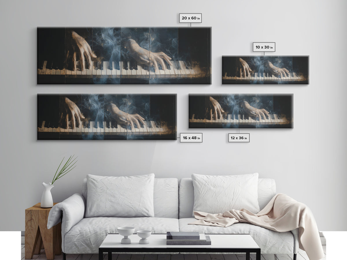Piano Keys with Hands in Cinematic Shadow Framed Canvas Print, Music Studio Art, Personalized Art, Studio Decor, Rhythm, MSA-3x1-69