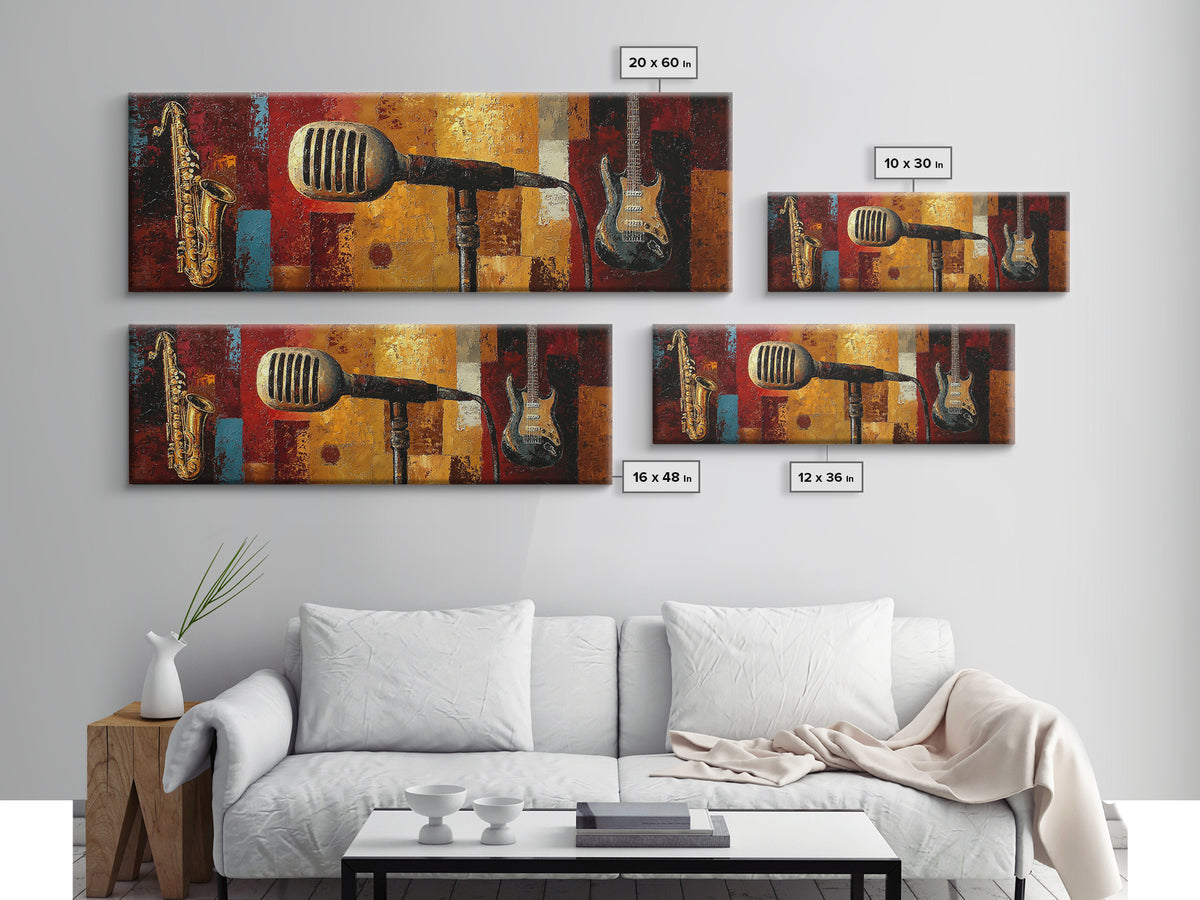 Microphone Portrait with Golden Spotlight Canvas Print, Music Studio Art, Custom Painting, Studio Decor, Fine Art, Rhythm, MSA-3x1-71
