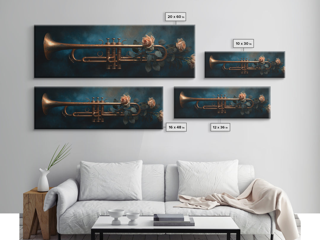 Trumpet and Roses Framed Canvas Print, Music Studio Art, Wall Art, Studio Decor, Rhythm, Trendy Wall Art, Music Wall Art, MSA-3x1-72