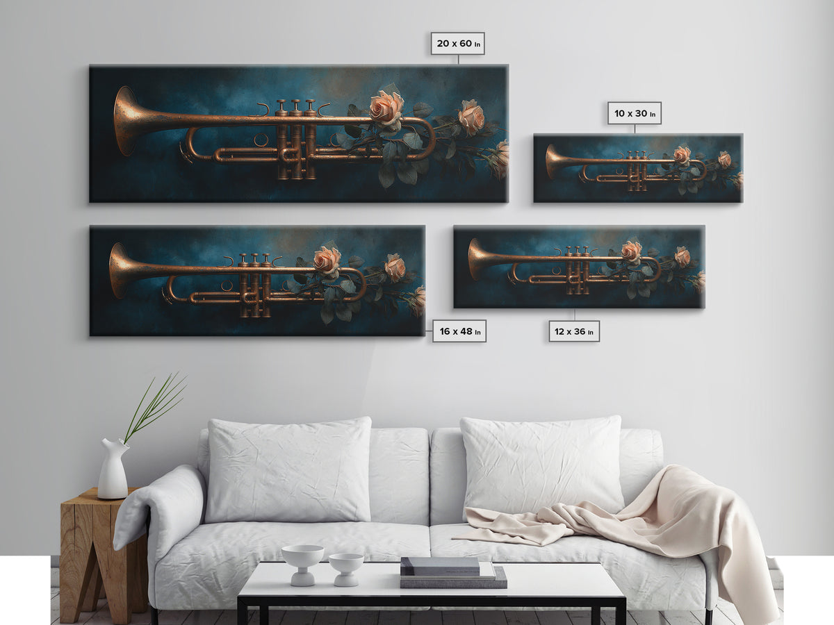 Trumpet and Roses Framed Canvas Print, Music Studio Art, Wall Art, Studio Decor, Rhythm, Trendy Wall Art, Music Wall Art, MSA-3x1-72