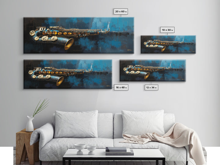 Jazz Saxophone with Smoky Blue Background Framed Canvas Print, Music Studio Art, Music Art, Studio Decor, Fine Art, Rhythm, MSA-3x1-90