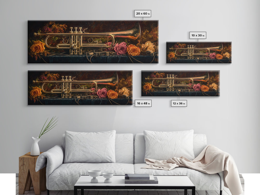 Trumpet and Roses Canvas Print, Music Studio Art, Neutral Decor, Studio Decor, Fine Art, Rhythm, Wall Art, Home Decor, MSA-3x1-96