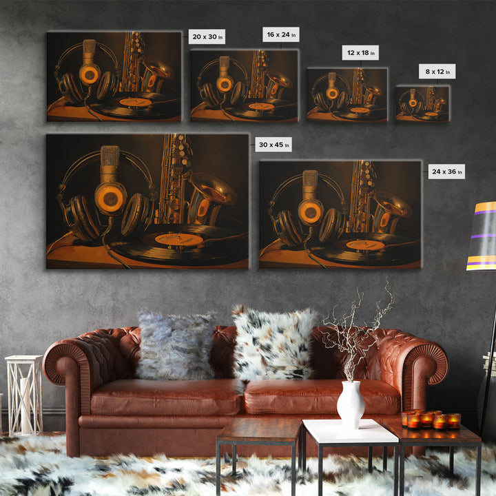 Headphones Around a Glowing Record Framed Canvas Print, Music Studio Art, Custom Painting, Studio Decor, Fine Art, Rhythm, MSA-3x2-15