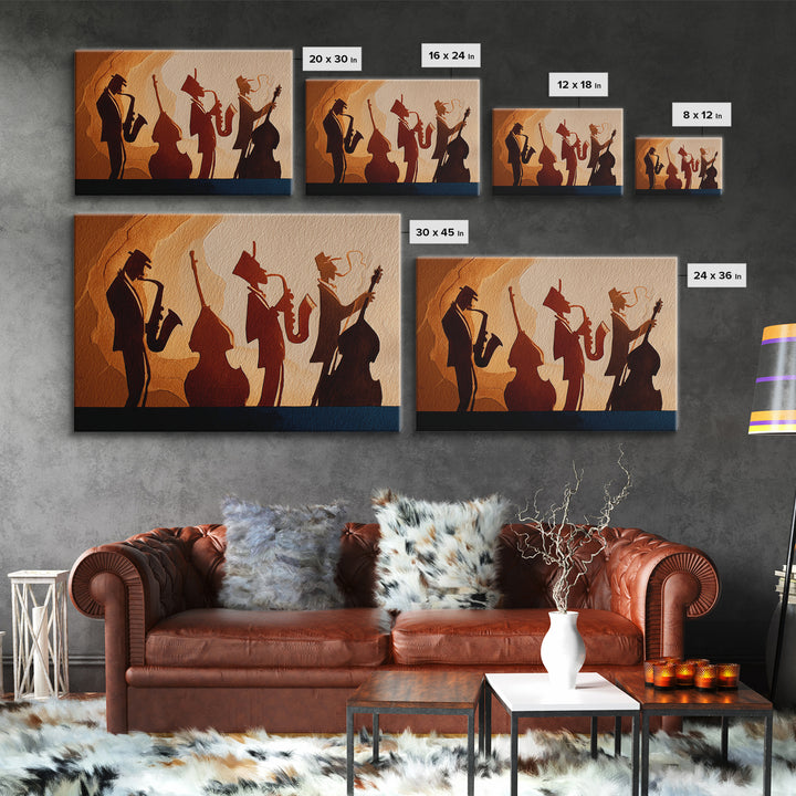 Jazz Quartet Silhouettes Framed Canvas Print, Music Studio Art, Printable Wall Art, Studio Decor, Rhythm, Painting from Photo, MSA-3x2-2