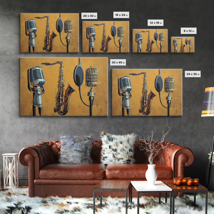 Microphone Portrait with Golden Spotlight Framed Canvas Print, Music Studio Art, Art Print, Studio Decor, Fine Art, Rhythm, MSA-3x2-59