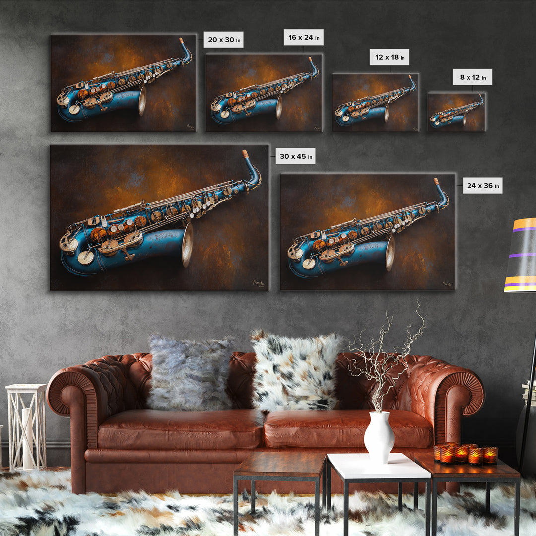 Jazz Saxophone with Smoky Blue Background Framed Canvas Print, Music Studio Art, Scripture Wall Art, Studio Decor, Rhythm, MSA-3x2-6