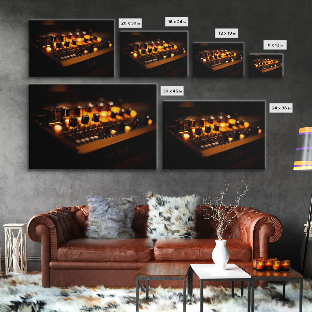 Synthesizer Knobs and Neon Reflections Canvas Print, Music Studio Art, Trendy Wall Art, Studio Decor, Fine Art, Rhythm, MSA-3x2-62