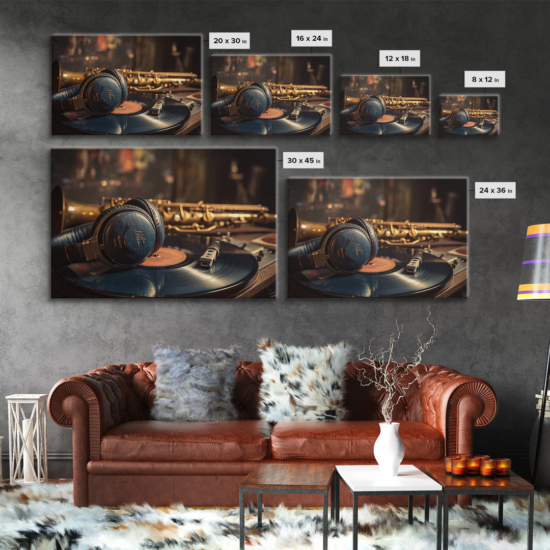 Headphones Around a Glowing Record Framed Canvas Print, Music Studio Art, Scripture Wall Art, Studio Decor, Fine Art, Rhythm, MSA-3x2-63
