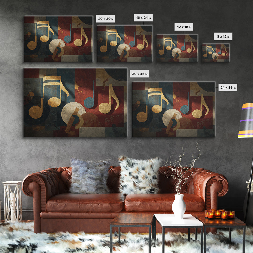 Musical Notes as Abstract Floating Shapes Without Framed Canvas Print, Music Studio Art, Gallery Decor, Studio Decor, Rhythm, MSA-3x2-64