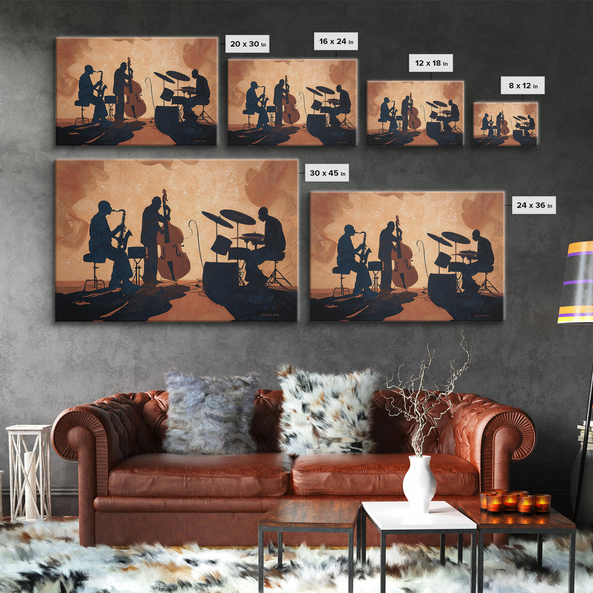 Jazz Quartet Silhouettes Framed Canvas Print, Music Studio Art, Digital Download Art, Studio Decor, Oil Painting, Rhythm, MSA-3x2-74