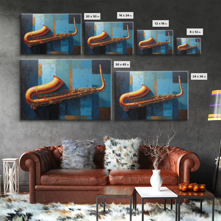 Jazz Saxophone with Smoky Blue Background Framed Canvas Print, Music Studio Art, Boho Art, Studio Decor, Fine Art, Rhythm, MSA-3x2-78