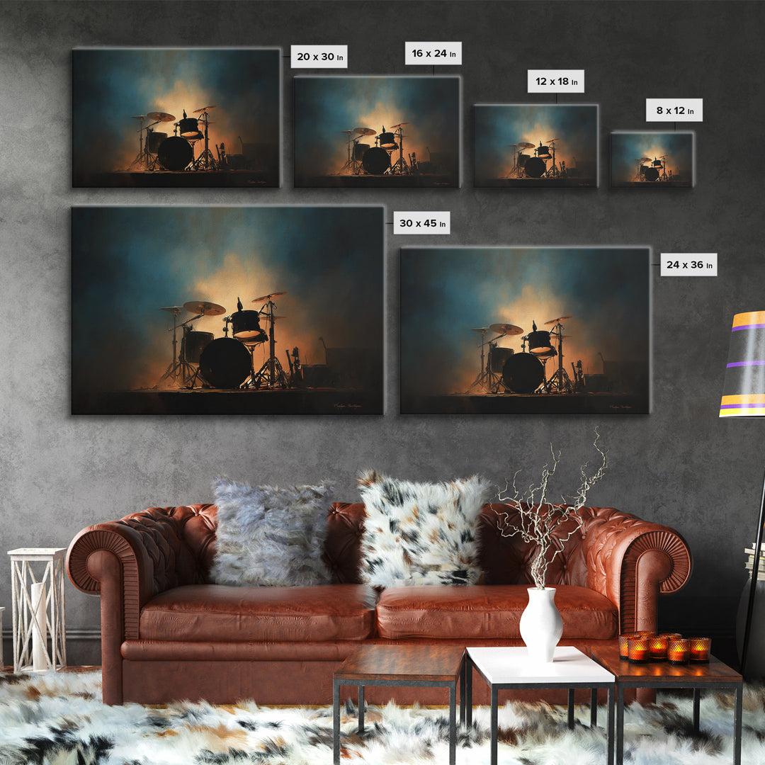 Drum Kit Silhouette Framed Canvas Print, Music Studio Art, Travel Wall Art, Studio Decor, Oil Painting, Rhythm, Boho Decor, MSA-3x2-82