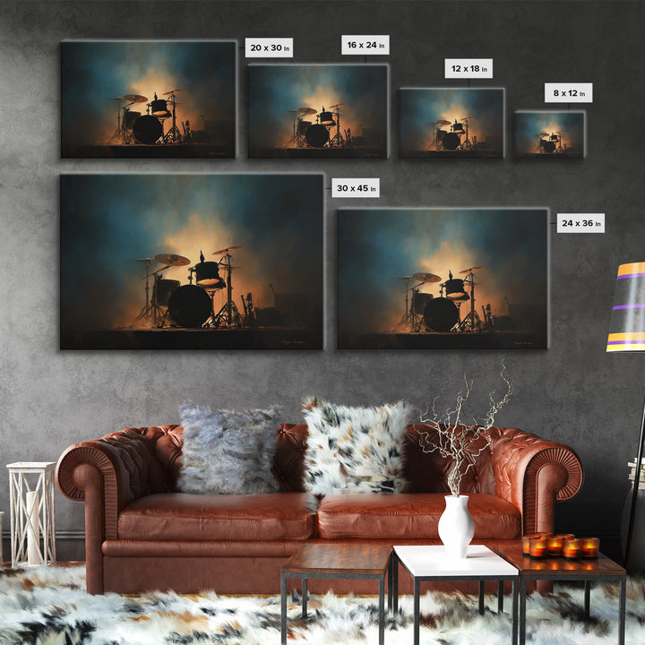 Drum Kit Silhouette Framed Canvas Print, Music Studio Art, Travel Wall Art, Studio Decor, Oil Painting, Rhythm, Boho Decor, MSA-3x2-82