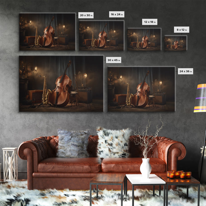 Cello Leaning Against Dark Velvet Backdrop Framed Canvas Print, Music Studio Art, Music Gift, Studio Decor, Fine Art, Rhythm, MSA-3x2-85