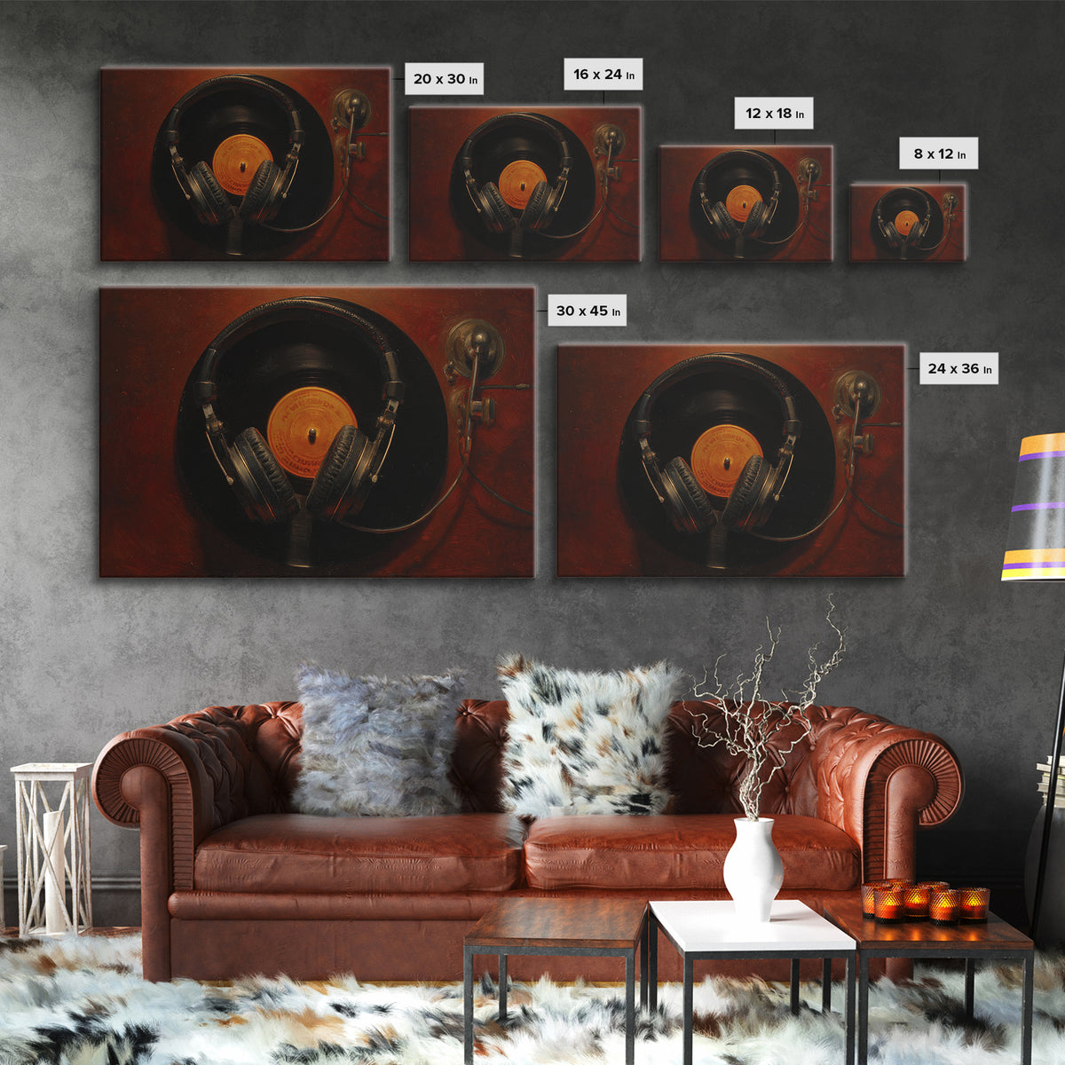 Headphones Around a Glowing Record Framed Canvas Print, Music Studio Art, Fine Art Print, Studio Decor, Fine Art, Rhythm, MSA-3x2-87