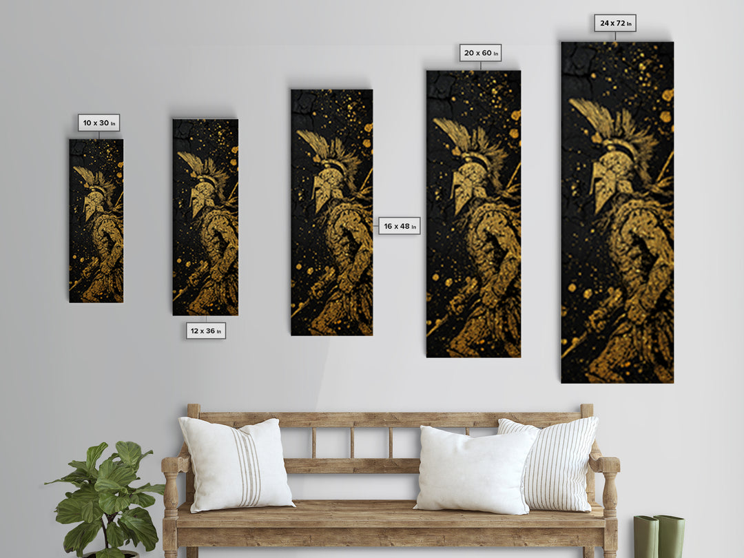 Spartan Warrior Helmet Illustration, Gold Canvas Print, Ancient Greek Soldier Wall Art, Real Wood Frame Decor