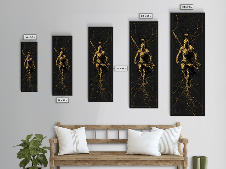 Ancient Spartan Soldier Running, Gold Canvas Print, Greek Warrior Helmet Wall Art, Real Wood Frame Decor