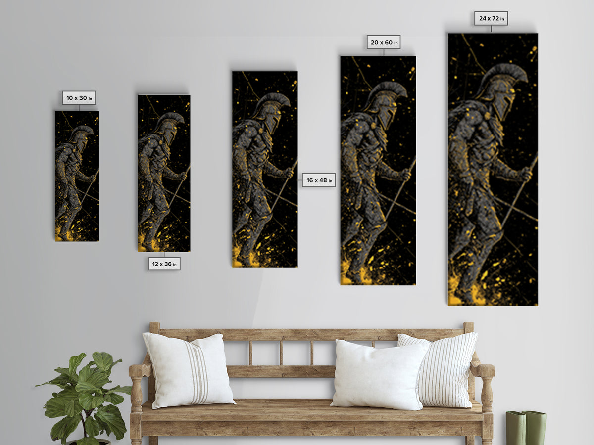 Ancient Greek Spartan Fighter, Gold Canvas Print, Warrior Helmet Spear Wall Art, Real Wood Frame Decor