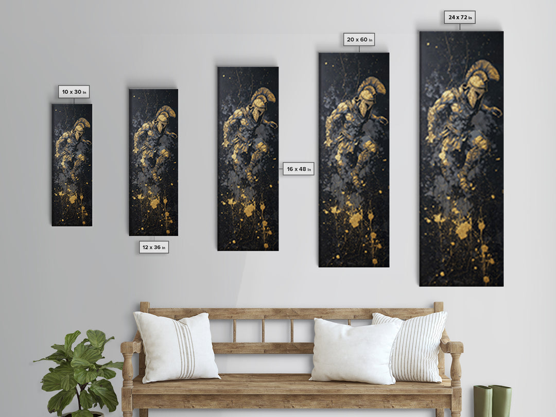 Ancient Spartan Warrior In Battle Pose, Gold Canvas Print, Greek Soldier Helmet Wall Art, Real Wood Frame Decor