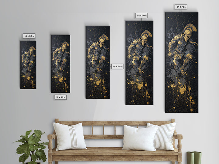Ancient Spartan Warrior In Battle Pose, Gold Canvas Print, Greek Soldier Helmet Wall Art, Real Wood Frame Decor