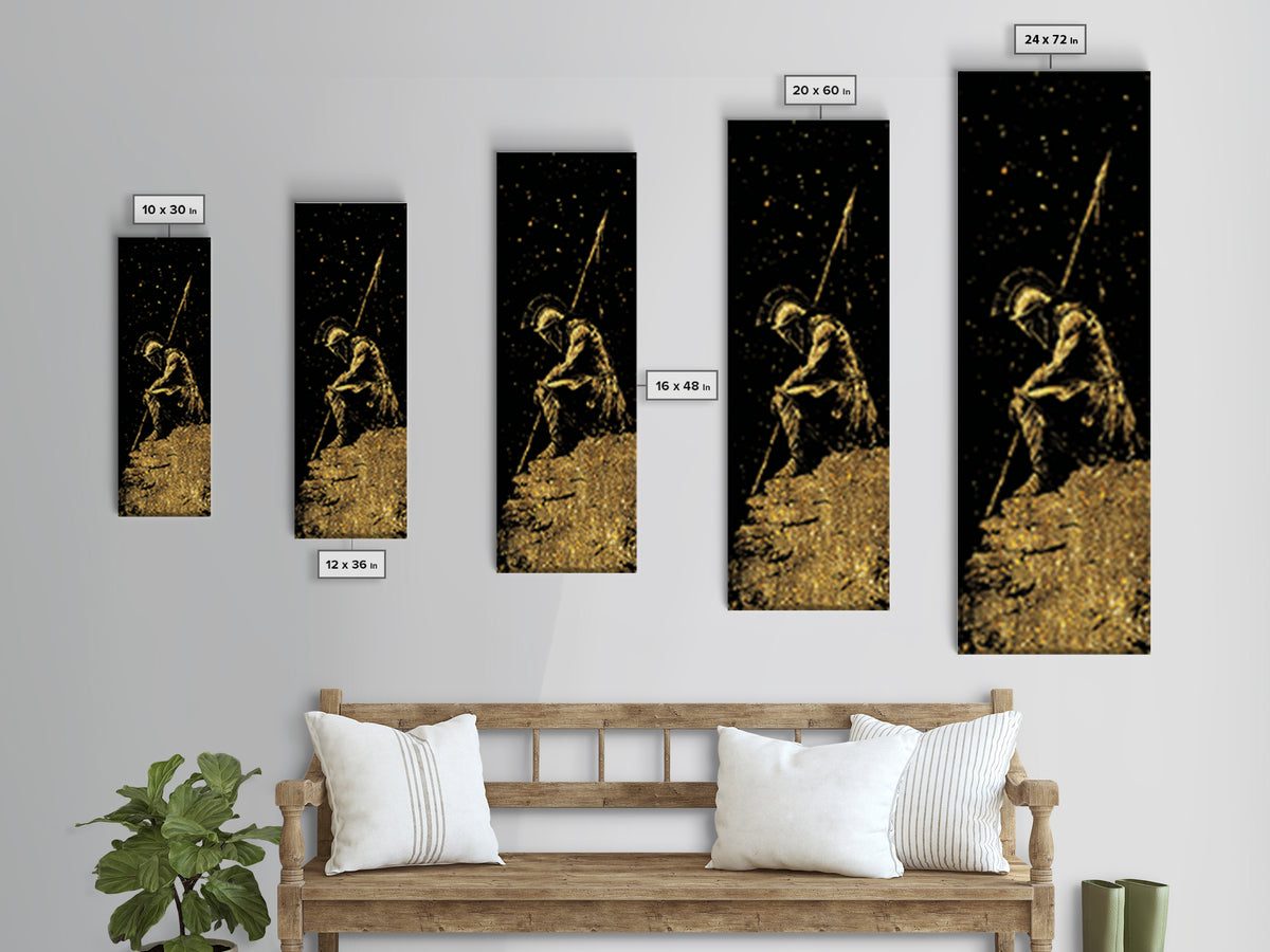 Spartan Warrior Kneeling With Spear, Gold Canvas Print, Ancient Greek Soldier Wall Art, Real Wood Frame Decor