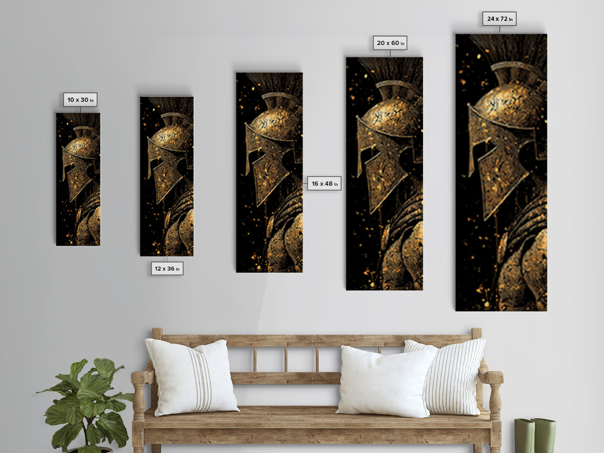 Spartan Helmet Close Up Artwork, Gold Canvas Print, Ancient Greek Warrior Wall Art, Real Wood Frame Decor