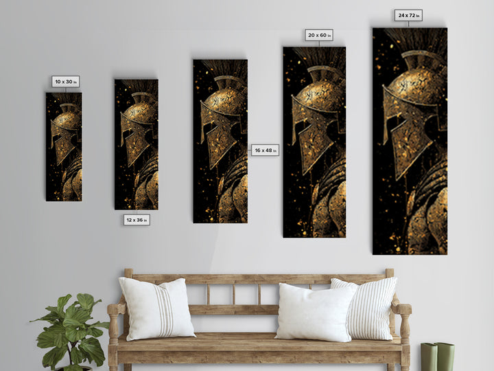 Spartan Helmet Close Up Artwork, Gold Canvas Print, Ancient Greek Warrior Wall Art, Real Wood Frame Decor