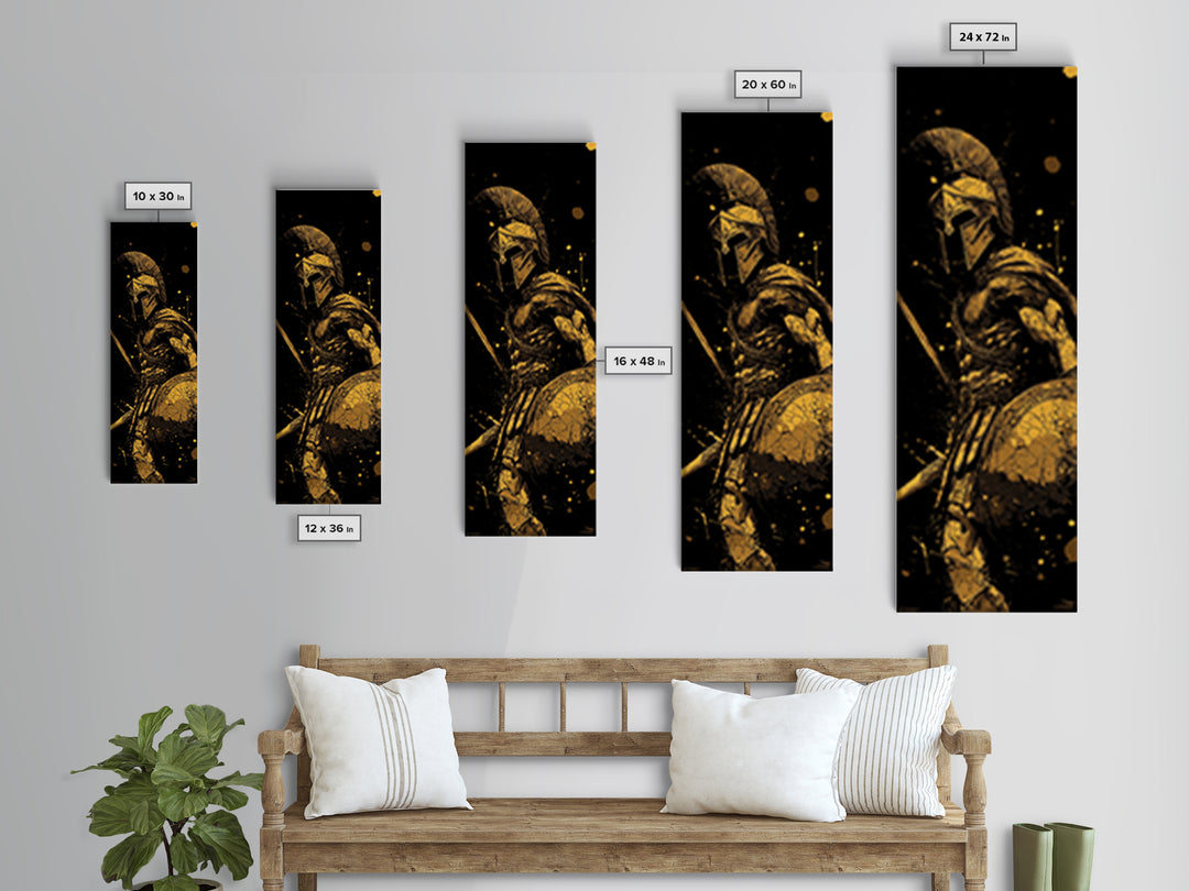 Ancient Spartan Warrior With Shield, Gold Canvas Print, Greek Soldier Helmet Wall Art, Real Wood Frame Decor