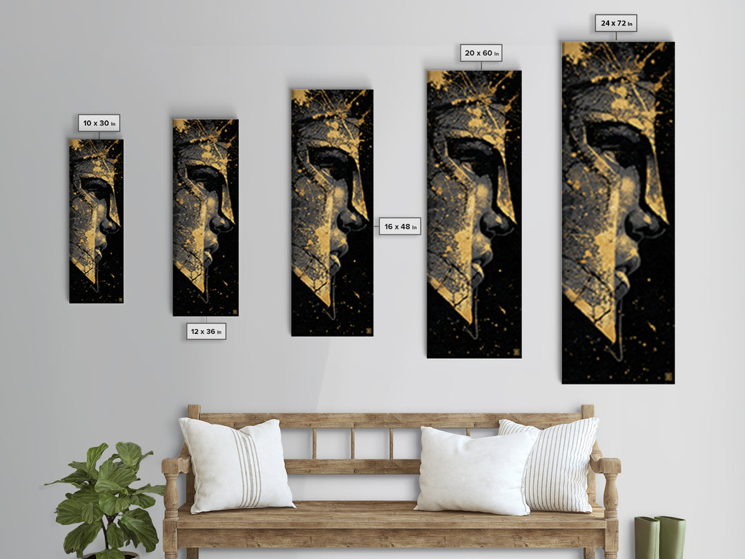 Warrior Spartan Portrait, Gold Canvas Print, Ancient Greek Helmet Wall Art, Real Wood Frame Home Decor, Historical Warrior Artwork