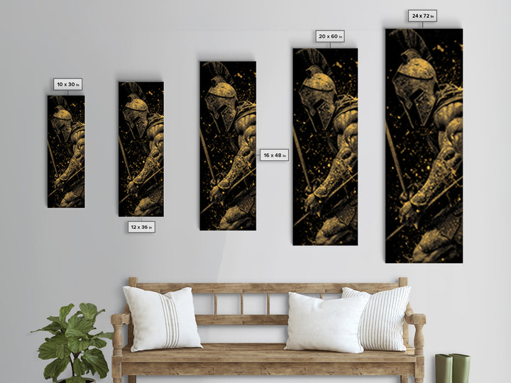 Spartan Warrior With Sword, Gold Canvas Print, Greek Mythology Wall Art, Real Wood Frame Decor, Ancient Battle Artwork