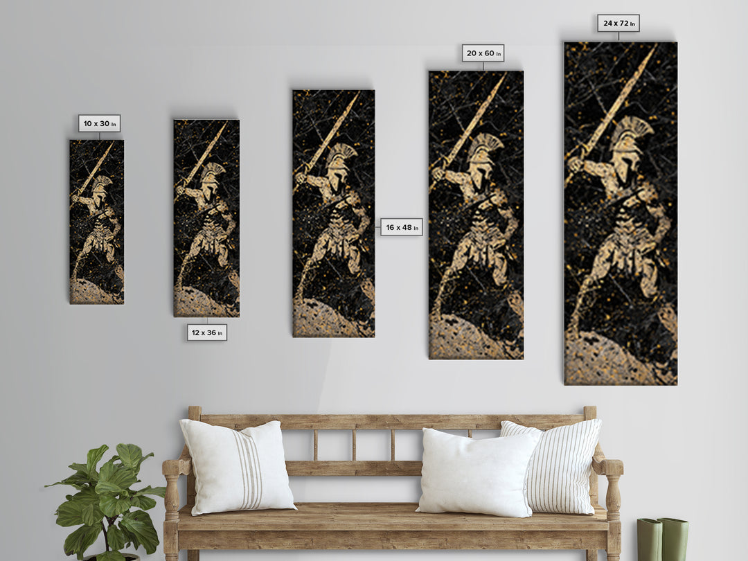 Greek Hoplite With Spear, Gold Canvas Art, Spartan Warrior Wall Decor, Real Wood Frame Canvas Print, Historical Military Artwork