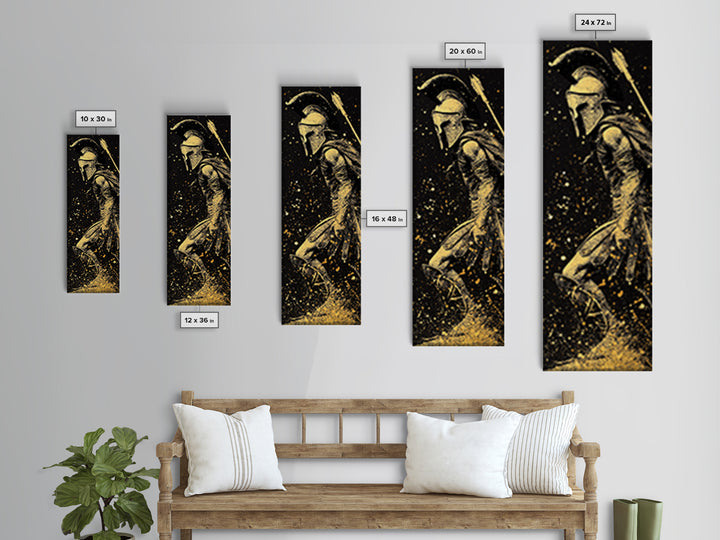 Greek Spartan Standing Strong, Gold Canvas Print, Warrior Soldier Wall Art, Real Wood Frame Home Decor, Ancient Hero Artwork