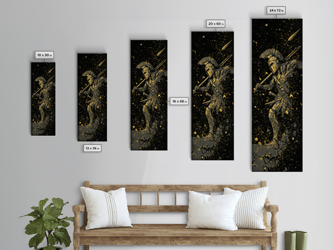 Ancient Spartan In Battle, Gold Canvas Art, Warrior With Spear Wall Print, Real Wood Frame Decor, Greek Mythology Artwork
