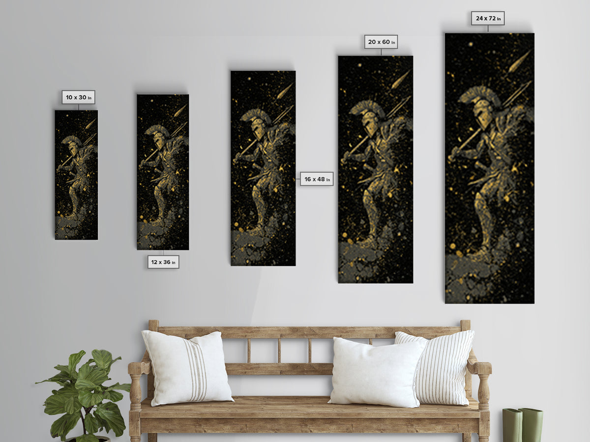 Ancient Spartan In Battle, Gold Canvas Art, Warrior With Spear Wall Print, Real Wood Frame Decor, Greek Mythology Artwork