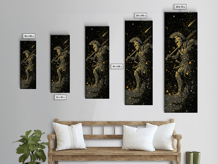 Ancient Spartan In Battle, Gold Canvas Art, Warrior With Spear Wall Print, Real Wood Frame Decor, Greek Mythology Artwork