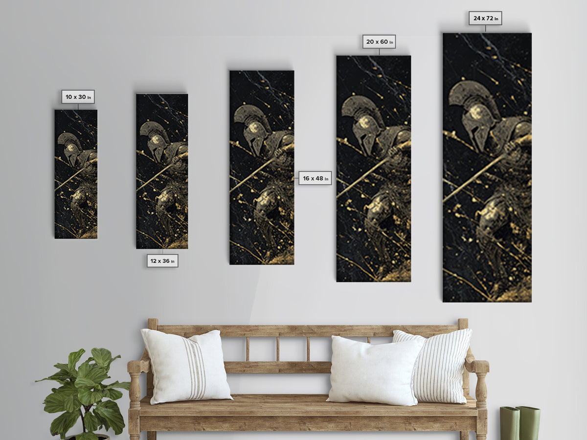 Heroic Spartan Warrior, Gold Canvas Print, Ancient Greek Wall Art, Real Wood Frame Decor, Battle Ready Soldier Artwork