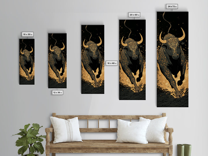 Charging Bull - Gold Canvas Wall Art - Wood Framed Canvas Art, Taurus Wall Art, Golden Runic Bull Painting Print, Canvas Art