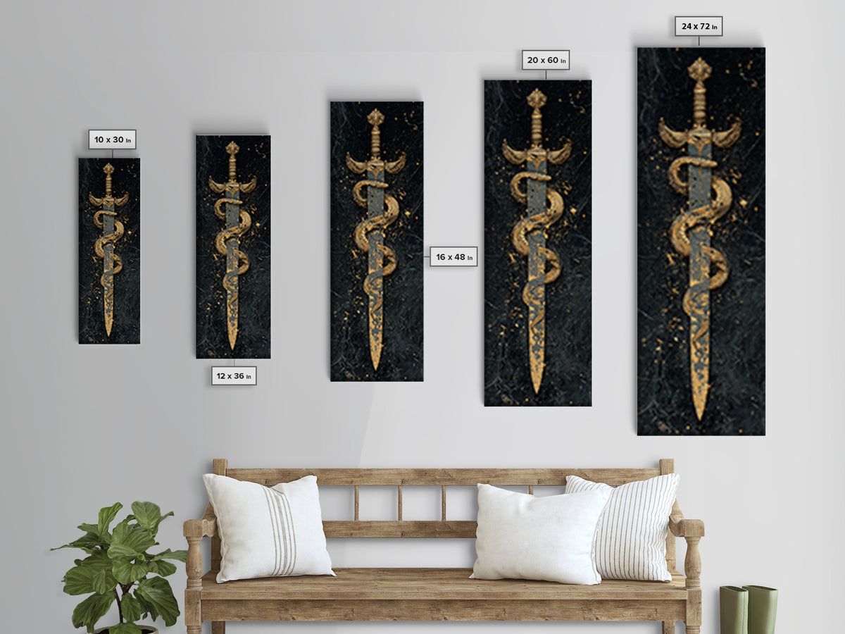 Gold Canvas Print, Sword And Serpent Wall Art, Mythical Weapon Artwork, Real Wood Frame Decor