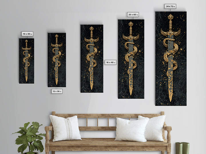 Gold Canvas Print, Sword And Serpent Wall Art, Mythical Weapon Artwork, Real Wood Frame Decor