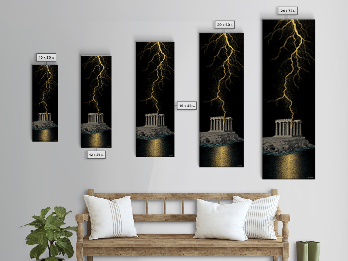 Gold Canvas Art, Zeus Lightning Temple Print, Ancient Greece Mythology Wall Decor, Real Wood Frame