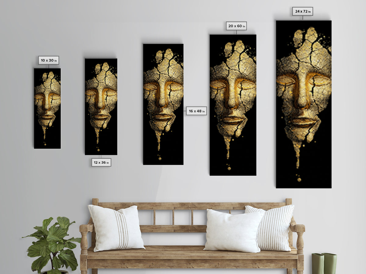 Gold Canvas Print, Cracked Golden Mask Wall Art, Mythical Face Artwork, Real Wood Frame Decor