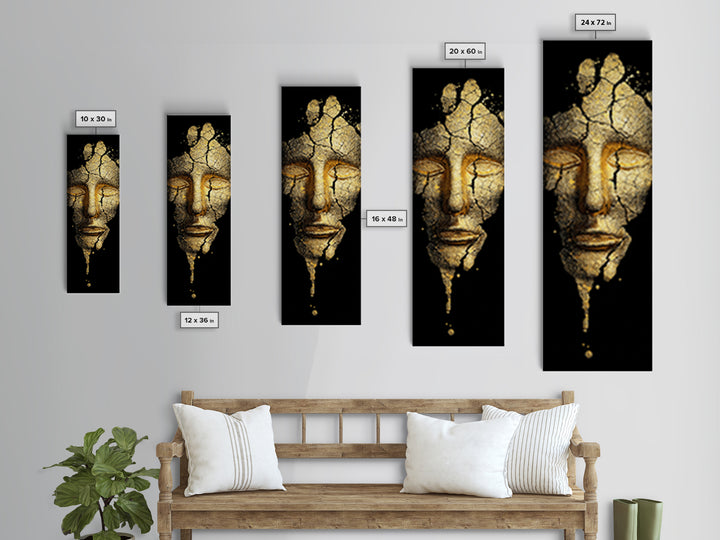 Gold Canvas Print, Cracked Golden Mask Wall Art, Mythical Face Artwork, Real Wood Frame Decor