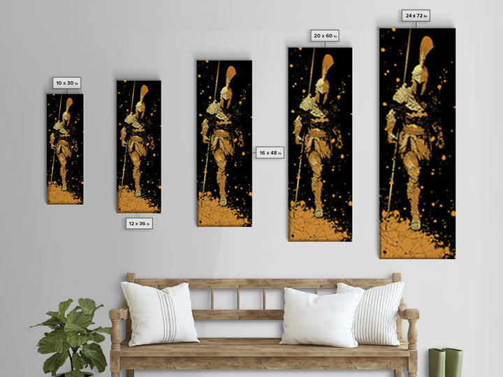 Gold Canvas Art, Greek Warrior Spear Print, Spartan Armor Wall Decor, Real Wood Frame Home Artwork