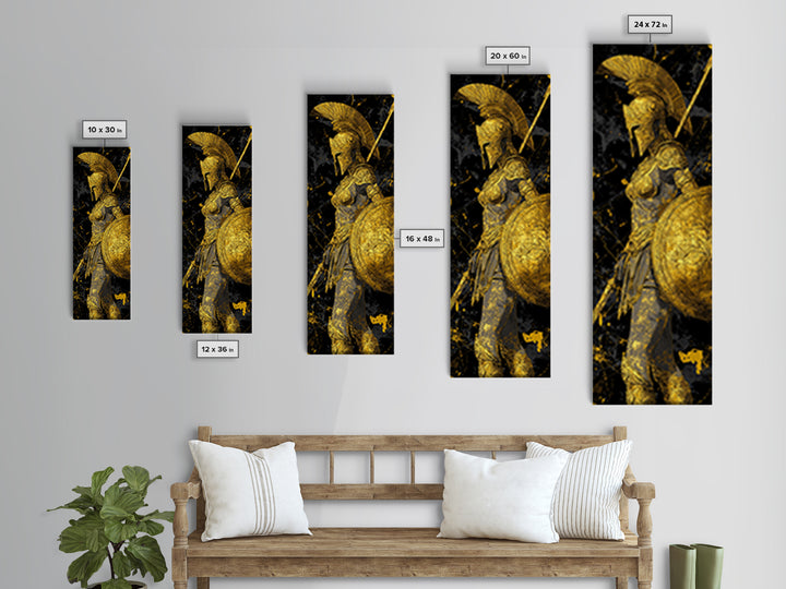 Gold Canvas Art, Athena Warrior Goddess Print, Shield And Sword Wall Decor, Real Wood Frame Decor
