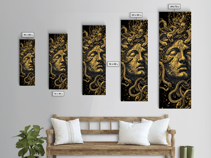 Medusa Gold Canvas Art, Greek Mythology Wall Print, Serpent Goddess Decor, Real Wood Framed Gold Mythical Artwork