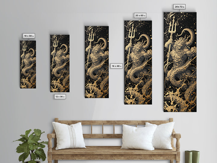 Poseidon Gold Canvas Art, Greek God Of The Sea Canvas Print, Mythology Ocean Decor, Real Wood Framed Gold Artwork